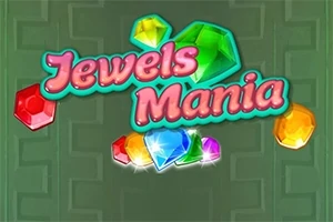 Nápis Jewels Mania s různobarevnými drahokamy na zeleném pozadí