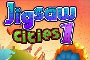 Barevný nápis Jigsaw Cities 1 na pozadí s motivem puzzle s městskými architektonickými prvky