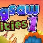 Barevný nápis Jigsaw Cities 1 na pozadí s motivem puzzle s městskými architektonickými prvky