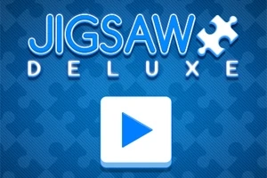 Modrá obrazovka s nápisem Jigsaw Deluxe a bílým tlačítkem s modrou šipkou uprostřed ve tvaru puzzle