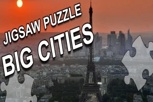 Eiffelova věž při západu slunce s textem Jigsaw Puzzle Big Cities a částmi puzzle v rozích