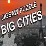Eiffelova věž při západu slunce s textem Jigsaw Puzzle Big Cities a částmi puzzle v rozích