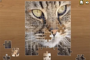 Puzzle kočky s nedokončeným obrázkem na dřevěném stole