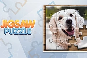 Puzzle s obrázkem usmívajícího se psa na světlém pozadí