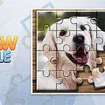 Puzzle s obrázkem usmívajícího se psa na světlém pozadí