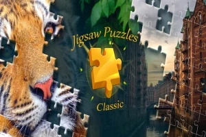 Puzzle s motivem tygra a městské krajiny s kanálem, s textem Jigsaw Puzzles Classic ve středu
