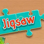 Text Jigsaw na modrém dílku puzzle s barevnými dílky na pozadí