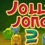 Text Jolly Jong 2 na zeleném pozadí s barevnými figurkami dole