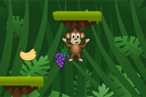 Jolly Jumper Opice sbírá ovoce v džungli s banány a hrozny na zeleném pozadí