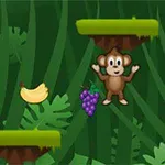 Jolly Jumper Opice sbírá ovoce v džungli s banány a hrozny na zeleném pozadí