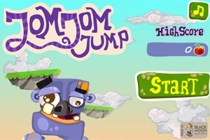 Barevná kreslená ilustrace s modrým kresleným tvorem, plovoucími ostrovy a nápisy HighScore a Start