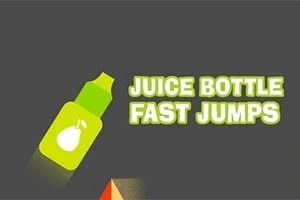 Zelená láhev s perovou ikonou vedle nápisu JUICE BOTTLE FAST JUMPS na šedém pozadí