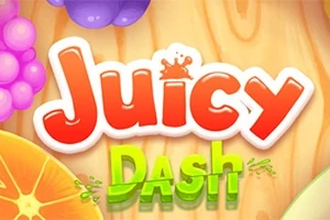 Barevný nápis Juicy Dash s kresleným ovocem v pozadí, včetně plátku pomeranče a hroznů