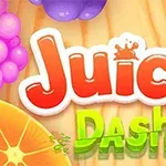 Barevný nápis Juicy Dash s kresleným ovocem v pozadí, včetně plátku pomeranče a hroznů