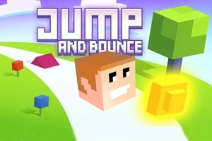 Bloková postava s hranatou hlavou na bílé cestě s zelenou trávou, stromem a zlatou mincí, nad kterou je nápis Jump and Bounce