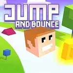 Bloková postava s hranatou hlavou na bílé cestě s zelenou trávou, stromem a zlatou mincí, nad kterou je nápis Jump and Bounce