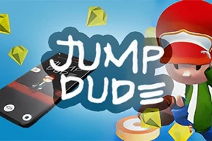 Postava v červené čepici vedle mobilního telefonu s nápisem Jump Dude a žlutými krystaly na modrém pozadí