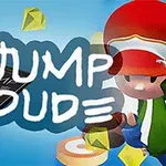 Postava v červené čepici vedle mobilního telefonu s nápisem Jump Dude a žlutými krystaly na modrém pozadí