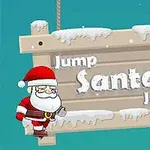 Santa Claus stojí vedle dřevěné tabule pokryté sněhem s nápisem Jump Santa Jump