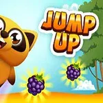 Usmívající se kreslený mýval skáče mezi ovocem na světlém pozadí lesa se slovem Jump Up