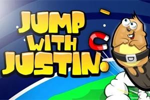 Roztomilý kreslený bobr s výraznýma očima vyskakuje do vzduchu vedle nápisu Jump with Justin na modrém pozadí