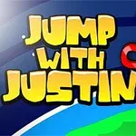 Roztomilý kreslený bobr s výraznýma očima vyskakuje do vzduchu vedle nápisu Jump with Justin na modrém pozadí
