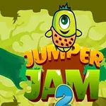 Barevný kreslený grafik s postavičkou s jedním okem a nápisem JUMPER JAM 2 na zeleném pozadí