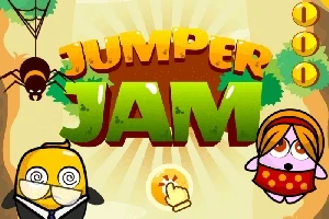 Postavičky s kulatými obličeji a výrazným nápisem Jumper Jam uprostřed, s pavoukem vlevo nahoře a třemi mincemi vpravo