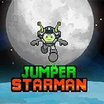 Zelený mimozemšťan s přilbou skáče před velkým měsícem, pod ním text Jumper Starman
