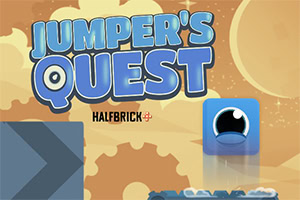 Barevný herní banner s nápisem „Jumper's Quest, modrou kostkou s okem a plošinami v pouštním prostředí
