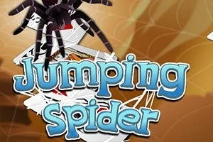 Pavouk visící nad hromadou karet s nápisem Jumping Spider na hnědém pozadí s pavučinou
