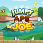 Stylizovaná ilustrace s opicí na platformě, nápisem Jumpy Ape Joe, banány, stromy, a bodáky