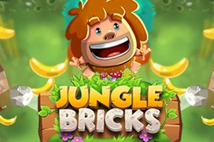 Usměvavý kreslený postavička s hnědými vlasy mezi banány na zeleném pozadí s nápisem Jungle Bricks