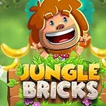 Usměvavý kreslený postavička s hnědými vlasy mezi banány na zeleném pozadí s nápisem Jungle Bricks