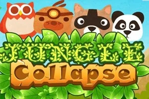 Sova, divoké prase, mýval a panda stojí nad nápisem Jungle Collapse s listy na pozadí