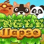 Sova, divoké prase, mýval a panda stojí nad nápisem Jungle Collapse s listy na pozadí