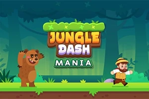 Medvěd a muž v klobouku běží džunglí s pestrobarevným nápisem Jungle Dash Mania nahoře