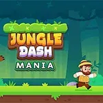 Medvěd a muž v klobouku běží džunglí s pestrobarevným nápisem Jungle Dash Mania nahoře