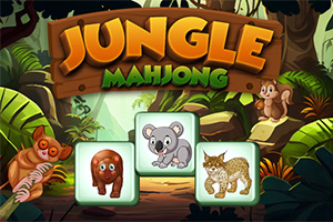 Džungle s kreslenými zvířaty jako koala, rys a lemur na zeleném pozadí s nápisem Jungle Mahjong nahoře
