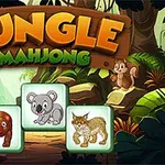 Džungle s kreslenými zvířaty jako koala, rys a lemur na zeleném pozadí s nápisem Jungle Mahjong nahoře
