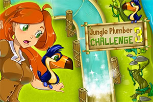 Animovaná žena s rezavými vlasy a pták tukan s modrým peřím stojí vedle bambusové cedule s nápisem Jungle Plumber Challenge 3 na pozadí džungle s vodním potrubím