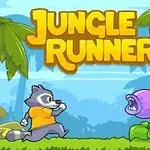 Kreslený mýval v žlutém tričku běží džunglí, kde čelí fialové masožravé rostlině, s nápisem Jungle Runner nahoře