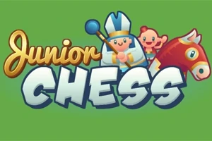 Nápis Junior Chess s veselými kreslenými postavičkami, včetně šachové figurky jezdce, dítěte a biskupa na zeleném pozadí