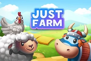 Kreslená ovce, kráva s helmou a slepice na farmě s nápisem JUST FARM na venkovském pozadí