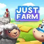 Kreslená ovce, kráva s helmou a slepice na farmě s nápisem JUST FARM na venkovském pozadí