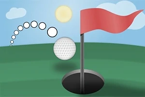 Golfový míček letící směrem k jamce s červenou vlajkou na zeleném hřišti pod slunečnou oblohou