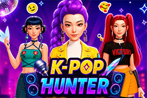 Tři stylizované k-popové dívky na neonově fialovém pozadí s barevným nápisem „K-POP HUNTER