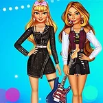 Dvě stylizované kreslené postavy v módních outfitech, jedna drží elektrickou kytaru, na modrém pozadí s barevnými světly