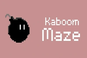 Černá pixelová bomba a nápis „Kaboom Maze“ na růžovém pozadí