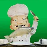 Kreslený kuchař v bílé uniformě drží rybu a nůž před zeleným pozadím, zatímco před ním jsou talíře se sushi